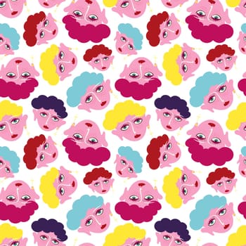 A colorful pattern of cartoon girl faces with lips and eyes. The faces are in various colors and sizes, and they are arranged in a way that creates a sense of movement and energy.
