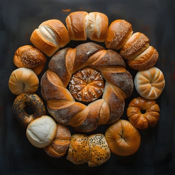 A variety of bread, including wheat, rye, and sourdough, are displayed in a circular arrangement. These natural foods are a staple in many cuisines around the world