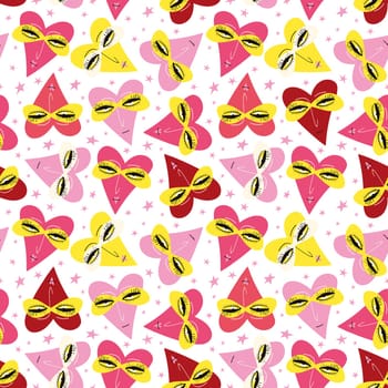 pink Valentines Day pattern with ugly funky hearts. Groovy cute love characters pattern