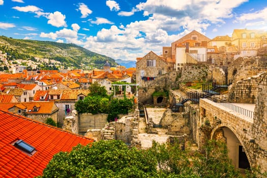 The aerial view of Dubrovnik, a city in southern Croatia fronting the Adriatic Sea, Europe. Old city center of famous town Dubrovnik, Croatia. Dubrovnik historic city of Croatia in Dalmatia. 