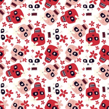 Pink and red Halloween cute cartoon seamless pattern with funny skulls with a flowers