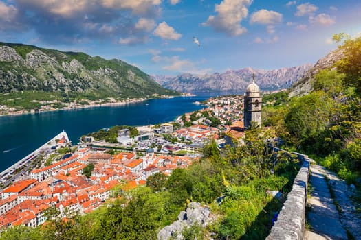 View of the old town of Kotor, Montenegro. Bay of Kotor bay is one of the most beautiful places on Adriatic Sea. Historical Kotor Old town and the Kotor bay of Adriatic sea, Montenegro.