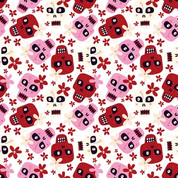 Purple and red Halloween cute cartoon seamless pattern with funny skulls with a flowers