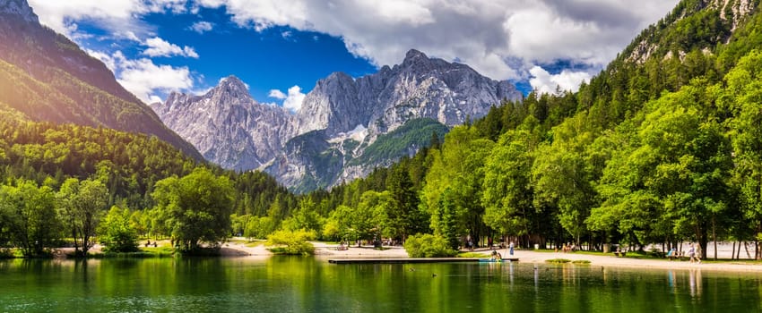 Jasna lake with beautiful mountains. Nature scenery in Triglav national park. Location: Triglav national park. Kranjska Gora, Slovenia, Europe. Mountain lake Jasna in Krajsnka Gora, Slovenia. 