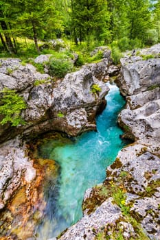 Amazing Soca river gorge in Slovenian Alps. Great Soca Gorge (Velika korita Soce), Triglav National park, Slovenia. Great canyon of Soca river, Bovec, Slovenia. Soca Gorge in Triglav National Park.