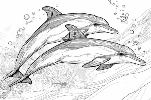 Two dolphins gracefully swim in the ocean, their sleek bodies gliding through the water with ease.