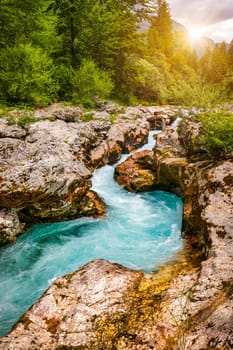 Amazing Soca river gorge in Slovenian Alps. Great Soca Gorge (Velika korita Soce), Triglav National park, Slovenia. Great canyon of Soca river, Bovec, Slovenia. Soca Gorge in Triglav National Park.