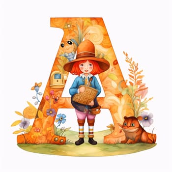 Graphic alphabet letters: Font design for uppercase letter a with girl and animal illustration