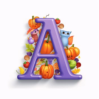 Graphic alphabet letters: Letter A with autumn leaves and pumpkins. Vector illustration for your design