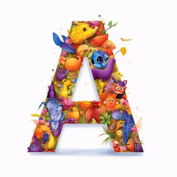 Graphic alphabet letters: Letter A, alphabet with cartoon animals and plants. Vector illustration.