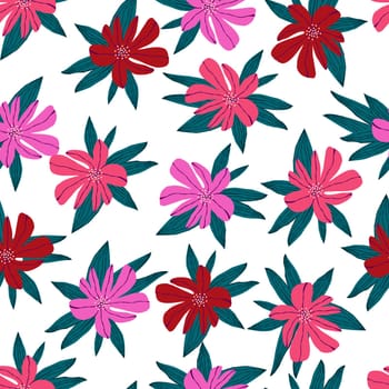 A floral pattern is drawn with pink and red flowers and green leaves. The flowers are arranged in a way that creates a sense of movement and flow. Scene is one of beauty and tranquility
