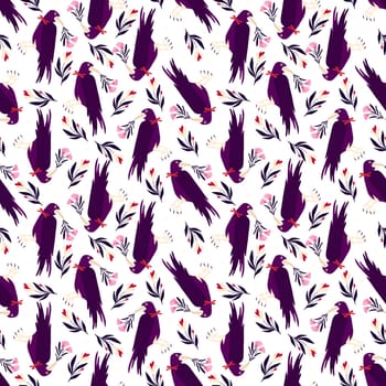 Pink cartoon Halloween seamless pattern with raven and flowers