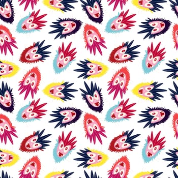 A blue and yellow pattern of cartoon faces with red eyes and mouths. The faces are all different sizes and colors, and they are arranged in a way that creates a sense of movement and energy