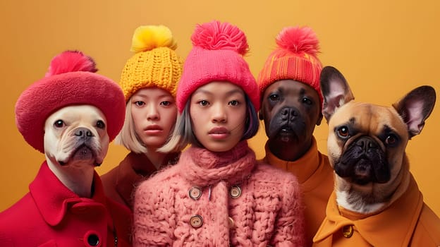 A fun event featuring a group of people and companion dogs wearing pink headgear and coats. The artful display includes hats in magenta and caps in various styles