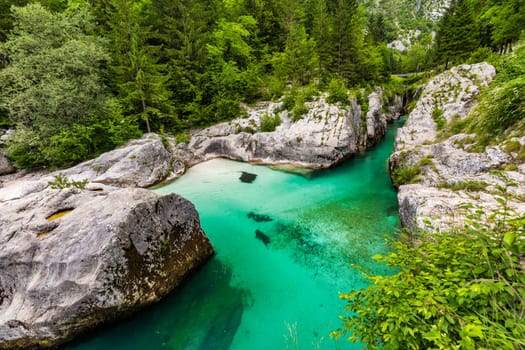 Amazing Soca river gorge in Slovenian Alps. Great Soca Gorge (Velika korita Soce), Triglav National park, Slovenia. Great canyon of Soca river, Bovec, Slovenia. Soca Gorge in Triglav National Park.