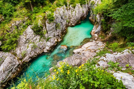 Amazing Soca river gorge in Slovenian Alps. Great Soca Gorge (Velika korita Soce), Triglav National park, Slovenia. Great canyon of Soca river, Bovec, Slovenia. Soca Gorge in Triglav National Park.