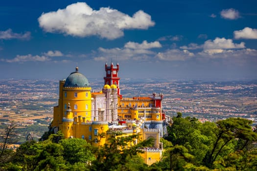 Palace of Pena in Sintra. Lisbon, Portugal. Travel Europe, holidays in Portugal. Panoramic View Of Pena Palace, Sintra, Portugal. Pena National Palace, Sintra, Portugal. 