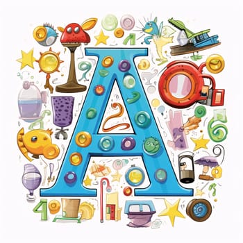 Graphic alphabet letters: Cartoon alphabet. Letter A. Alphabet made of toys and science.