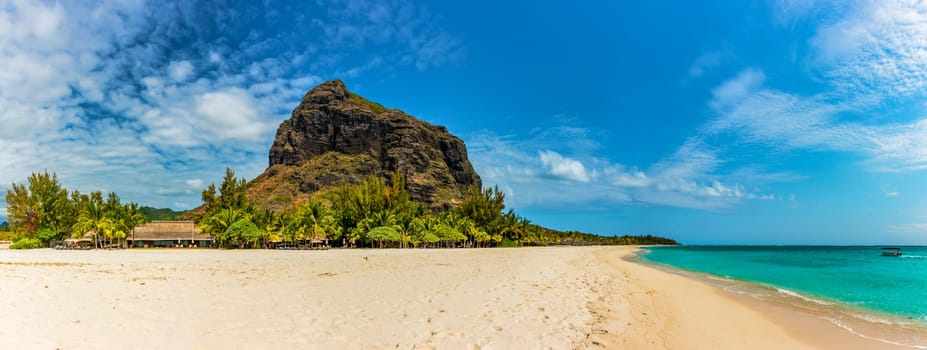 Paradise beach resort with palm trees and and tropical sea in Mauritius island. Summer vacation and tropical beach concept. Sandy beach with Le Morne beach on Mauritius island. Tropical landscape.