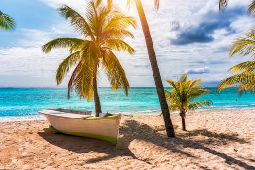 Paradise beach resort with palm trees and and tropical sea in Mauritius island. Summer vacation and tropical beach concept. Sandy beach with Le Morne beach on Mauritius island. Tropical landscape.