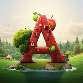 Graphic alphabet letters: Letter A shaped like a house with green trees and apples on the island