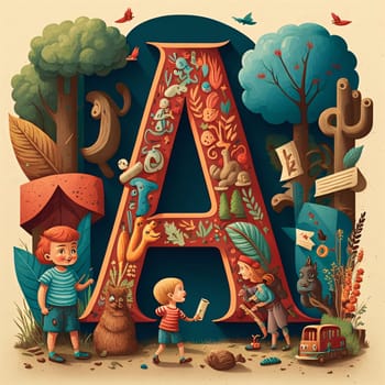 Graphic alphabet letters: Alphabet letter A with cute kids playing in the forest. Vector illustration.