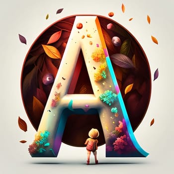 Graphic alphabet letters: Conceptual 3D illustration of a girl standing in front of the letter A surrounded by autumn leaves.