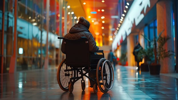 A lone individual in a wheelchair is seen from behind, navigating through a vibrant and illuminated mall hallway during evening hours, accentuating a sense of solitude - Generative AI