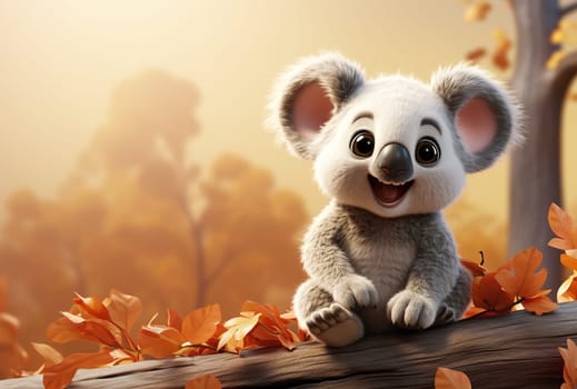 A cheerful animated koala is perched on a tree branch among autumn leaves with a warm sunset casting a glow on the scene - Generative AI
