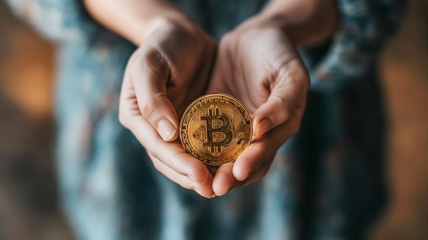 A person stands with open hands gently cradling a shiny Bitcoin token, symbolizing cryptocurrency investment and the digital economy - Generative AI