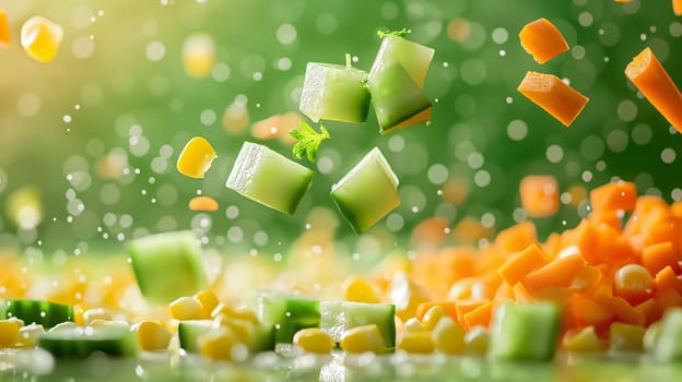 Diced cucumbers and carrots suspended in mid-air surrounded by sparkling water droplets, capturing the essence of fresh produce preparation - Generative AI