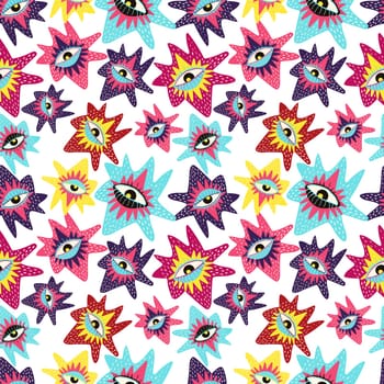 Pink funky cartoon seamless pattern with colorful eyes. Pattern with eyes in disco groovy style