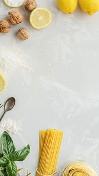 Pasta recipe preparation flatlay background with ingredients, spaghetti, olive oil, garlic, tomatoes and spices in the kitchen, homemade food recipe idea