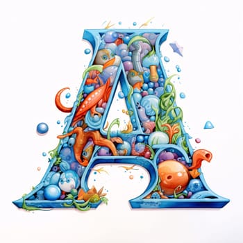 Graphic alphabet letters: Alphabet letter A, filled with underwater animals and marine life.