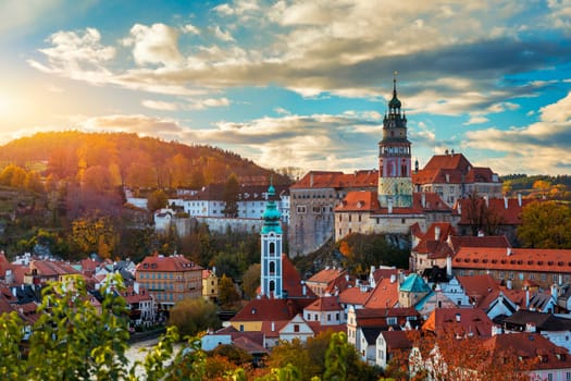 View of historical centre of Cesky Krumlov town on Vltava riverbank on autumn day overlooking medieval Castle, Czech Republic. View of old town of Cesky Krumlov, South Bohemia, Czech Republic.