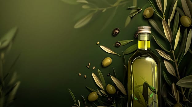 Olive oil bottle ad background with copyspace, vegetable oil commercial produce, food industry and retail concept