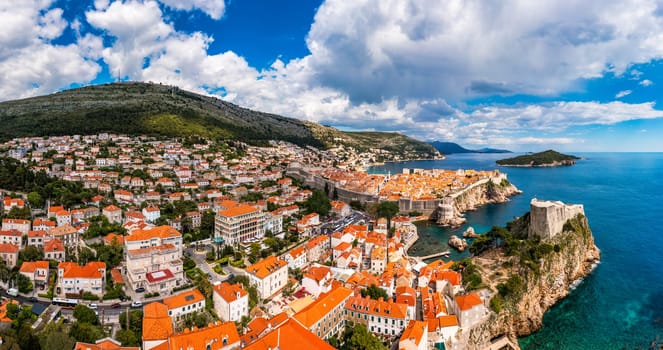 The aerial view of Dubrovnik, a city in southern Croatia fronting the Adriatic Sea, Europe. Old city center of famous town Dubrovnik, Croatia. Dubrovnik historic city of Croatia in Dalmatia. 