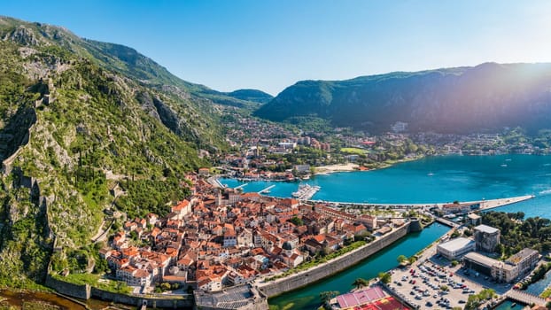 Aerial view of the old town of Kotor, Montenegro. Bay of Kotor bay is one of the most beautiful places on Adriatic Sea. Historical Kotor Old town and the Kotor bay of Adriatic sea, Montenegro.