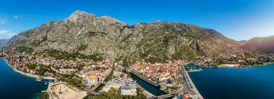 Aerial view of the old town of Kotor, Montenegro. Bay of Kotor bay is one of the most beautiful places on Adriatic Sea. Historical Kotor Old town and the Kotor bay of Adriatic sea, Montenegro.