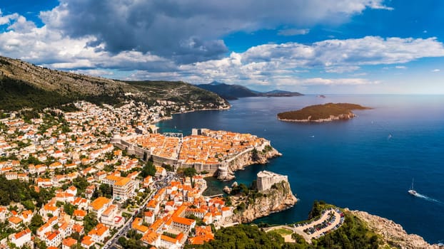 The aerial view of Dubrovnik, a city in southern Croatia fronting the Adriatic Sea, Europe. Old city center of famous town Dubrovnik, Croatia. Dubrovnik historic city of Croatia in Dalmatia. 