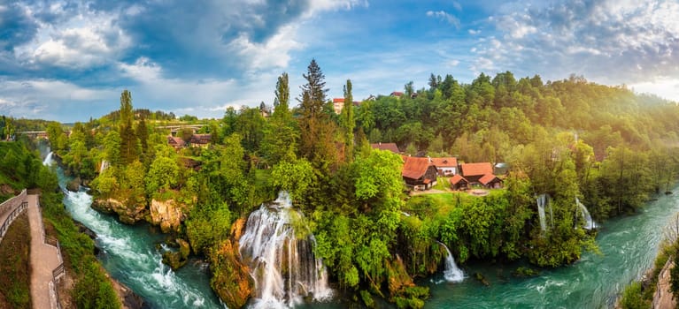 Village of Rastoke near Slunj in Croatia, old water mills on waterfalls of Korana river, beautiful countryside landscape. Landscape with river and little waterfalls in Rastoke village, Croatia.