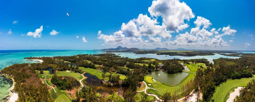 Ile aux Cerfs island with idyllic beach scene, aquamarine sea and soft sand, Ile aux Cerfs, Mauritius, Indian Ocean, Africa. Ile aux Cerf in Mauritius, beautiful water and breathtaking landscape.