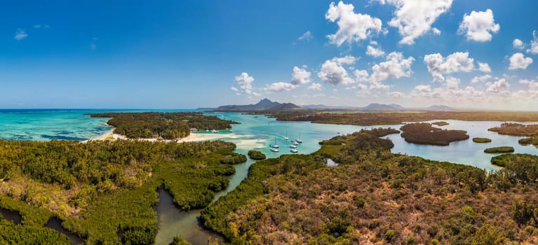 Ile aux Cerfs island with idyllic beach scene, aquamarine sea and soft sand, Ile aux Cerfs, Mauritius, Indian Ocean, Africa. Ile aux Cerf in Mauritius, beautiful water and breathtaking landscape.