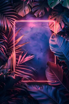 An electric blue neon frame surrounded by tropical leaves at night creates a vibrant pop of color against the darkness of the sky, a surreal art installation in a spacey setting