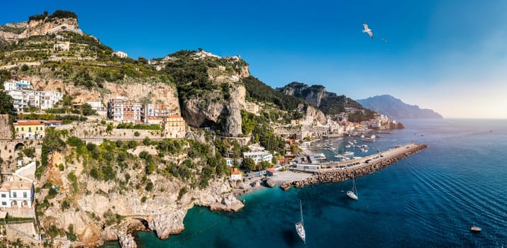 View of beautiful Amalfi town, Campania, Italy. Amalfi coast is most popular travel and holiday destination in Europe. Amalfi cityscape on coast line of mediterranean sea, Amalfi coast, Italy.