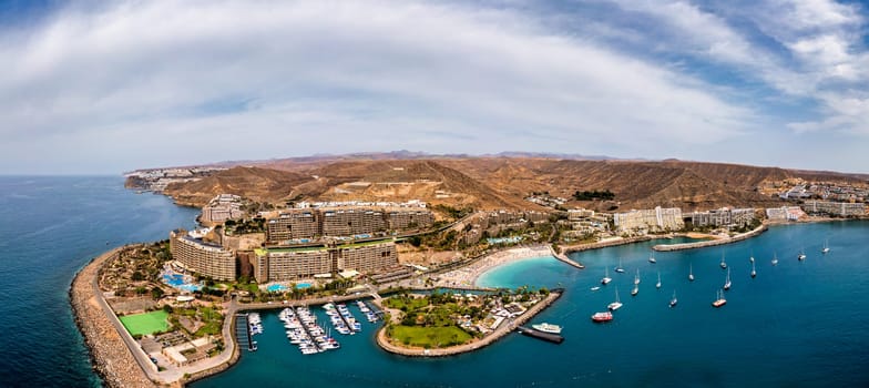 Aerial view with Anfi beach and resort, Gran Canaria, Spain. Playa Anfi del Mar, beautifull beach on Gran Canaria Island, Spain. Beach Anfi del Mar on Gran Canaria, Canary Islands, Spain.