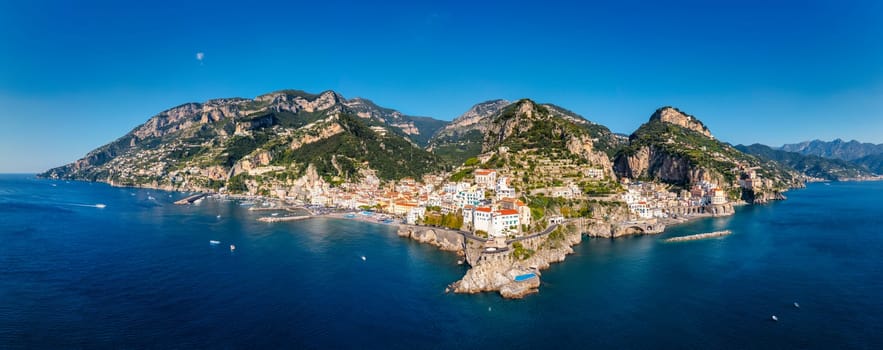 Aerial view of Atrani famous coastal village located on Amalfi Coast, Italy. Small town Atrani on Amalfi Coast in province of Salerno, Campania region, Italy. Atrani town on Amalfi coast, Italy.