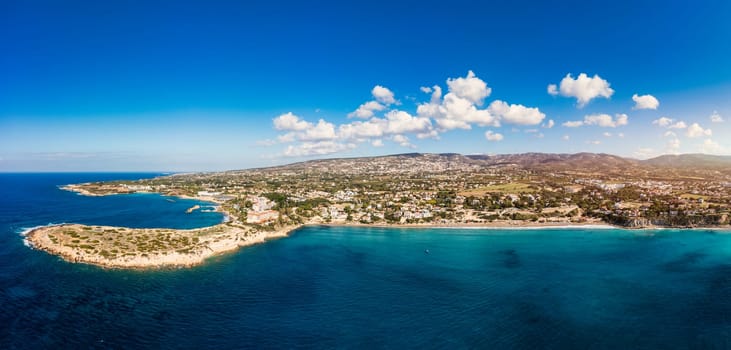 Aerial panoramic view of Coral bay beach, Cyprus. Overhead view of Coral Bay beach, Peyia village, Paphos district, Cyprus. Aerial view of Coral Bay beach in Peyia village, Cyprus.