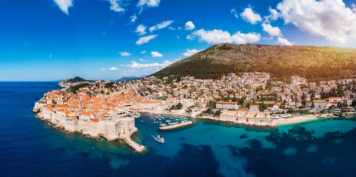 The aerial view of Dubrovnik, a city in southern Croatia fronting the Adriatic Sea, Europe. Old city center of famous town Dubrovnik, Croatia. Dubrovnik historic city of Croatia in Dalmatia. 