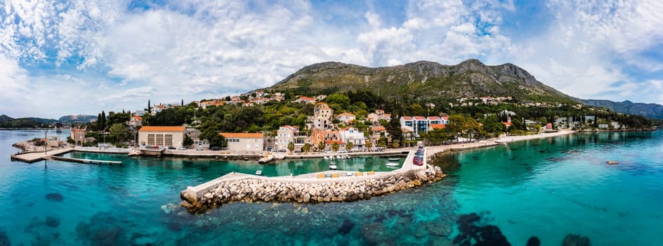 Idyllic village of Mlini in Dubrovnik archipelago view, south Dalmatia region of Croatia. Adriatic village of Mlini waterfront aerial view, Dubrovnik coastline of Croatia.